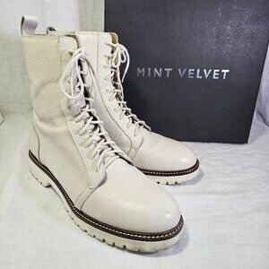 Mint Velvet Chelsea Chalk Leather Combat Lace Up Biker Boots EU40 US9 Neutral